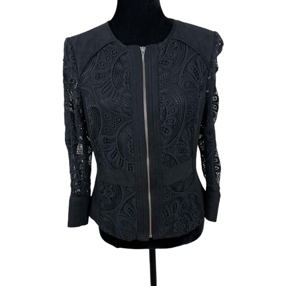 INC International Concepts Black Faux Suede Crochet details full Zipper jacket S - Picture 1 of 10